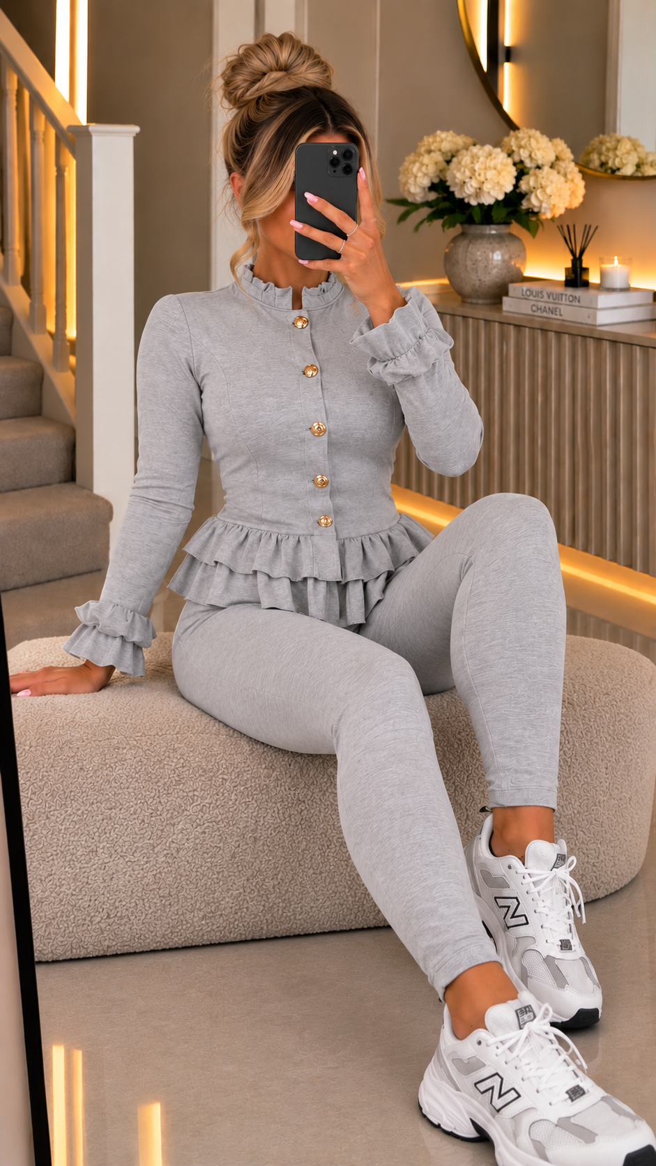 Peplum Ribbed  Button Two Piece Co-ord with Frill Sleeve and Hem