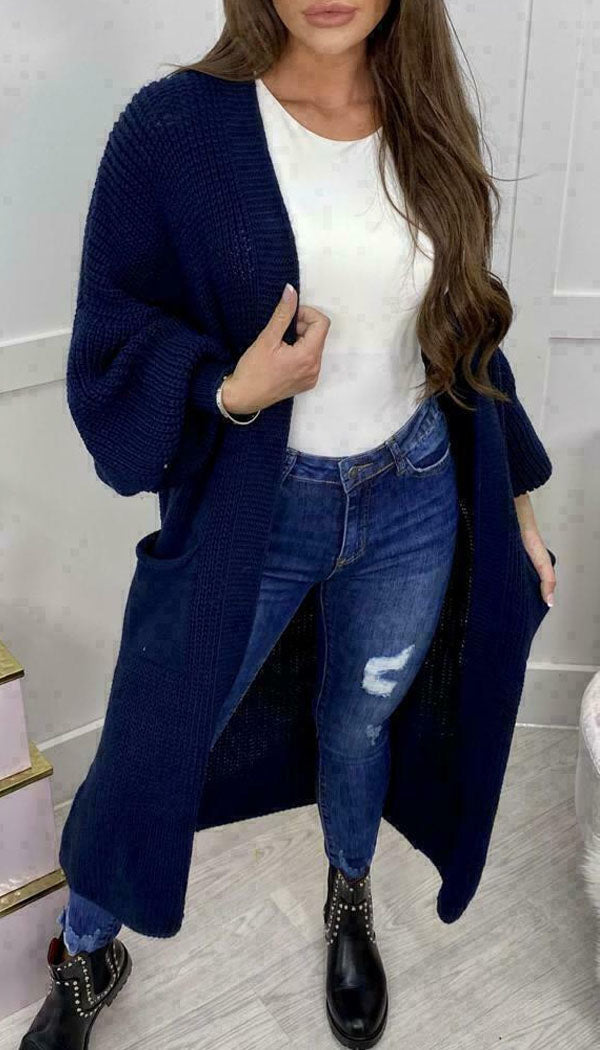 Balloon Sleeved Knitted Maxi Cardigan