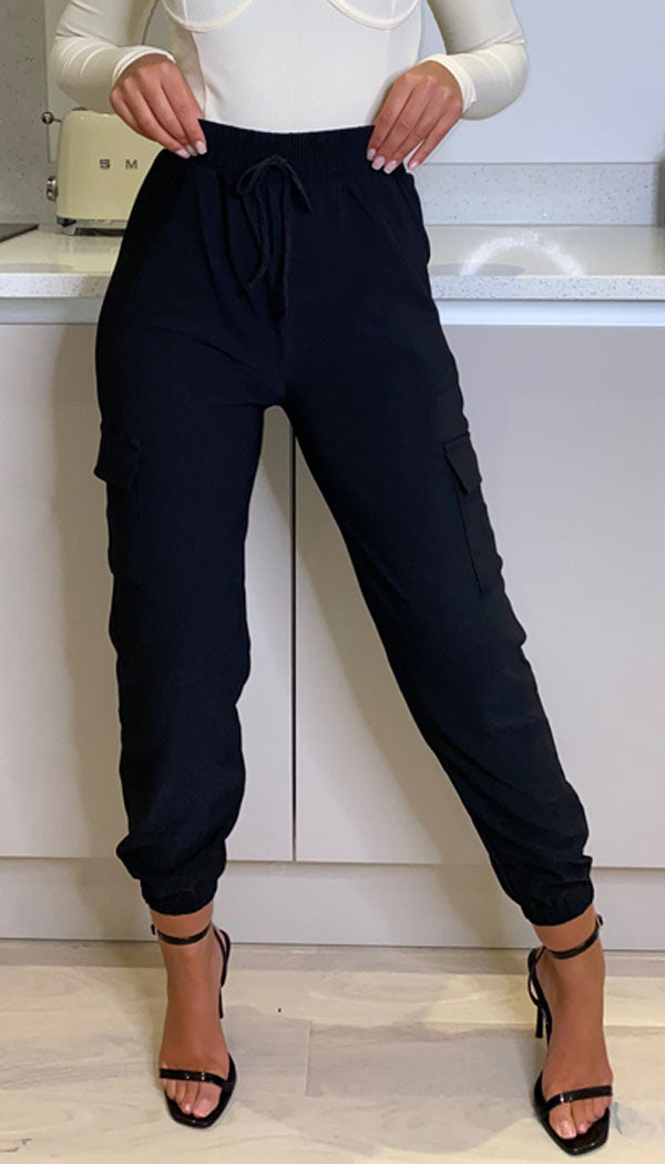 Plain Black Utility Cargo Joggers Trousers - omgfashion.com