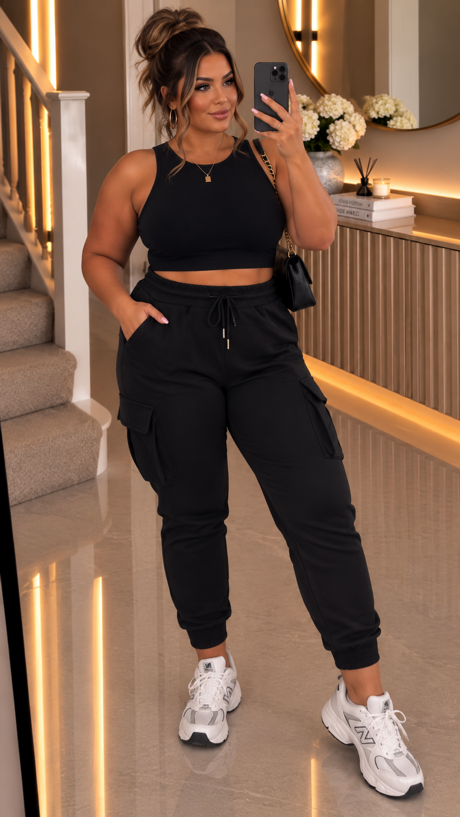 Plain Black Utility Cargo Joggers Trousers
