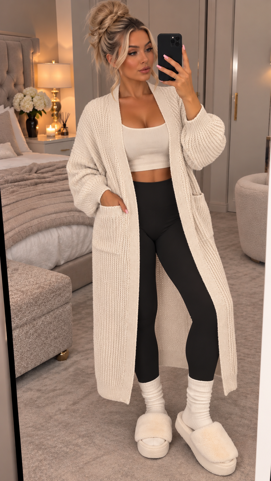 Balloon Sleeved Knitted Maxi Cardigan
