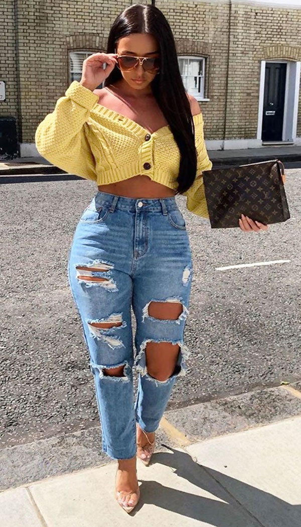 Cropped Button Knitted Cardigan with Long Sleeves - omgfashion.com
