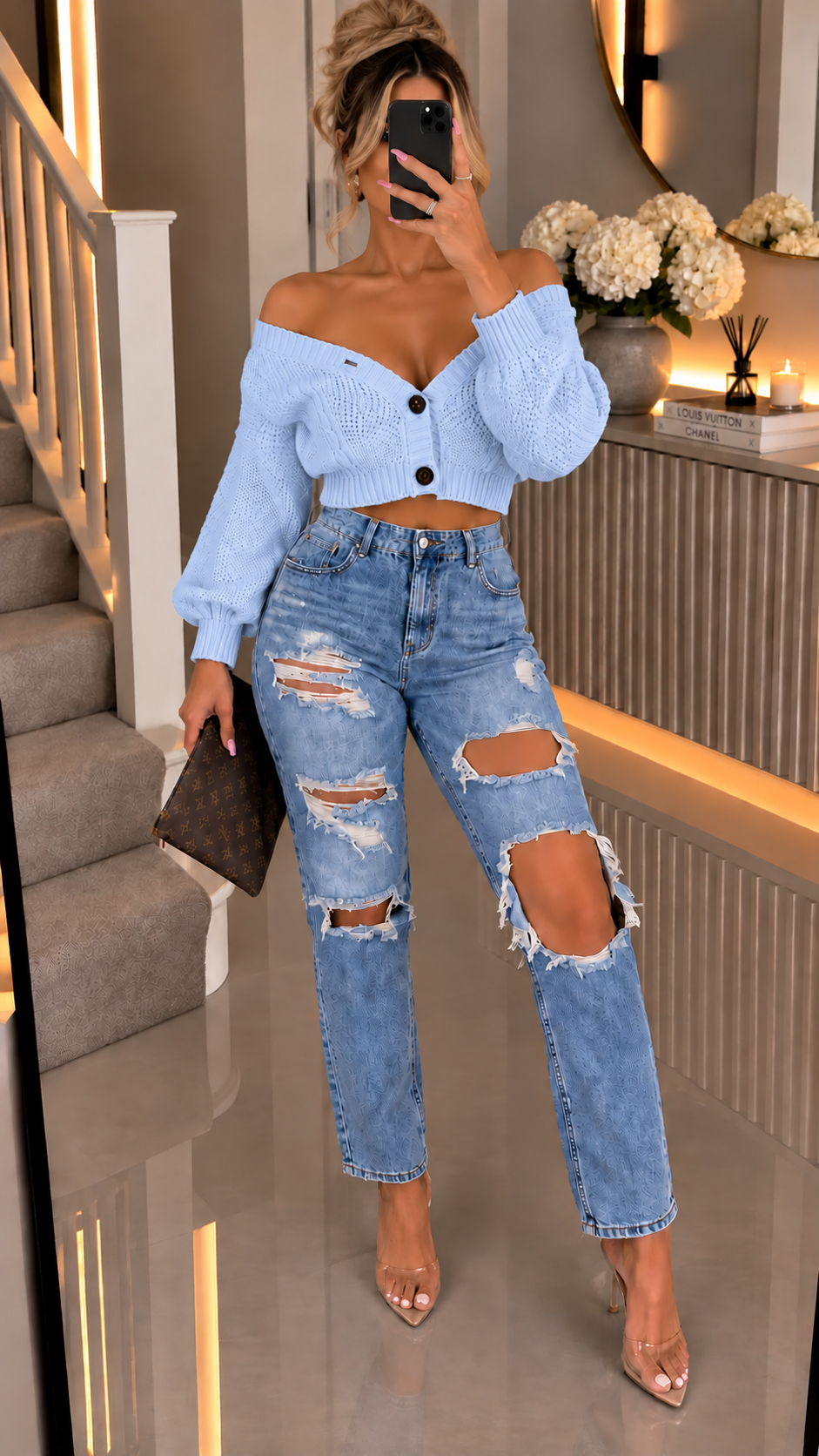 Cropped Button Knitted Cardigan with Long Sleeves