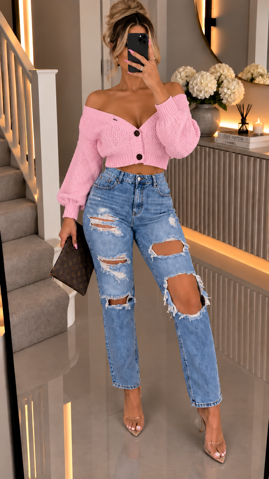 Cropped Button Knitted Cardigan with Long Sleeves