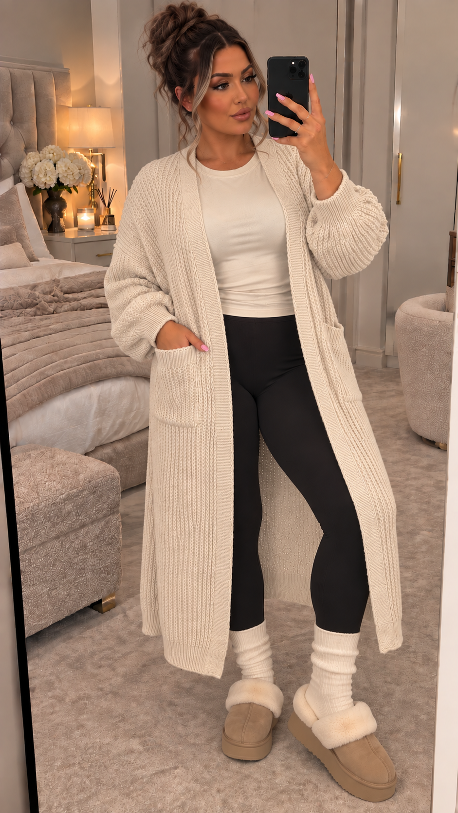 Balloon Sleeved Knitted Maxi Cardigan