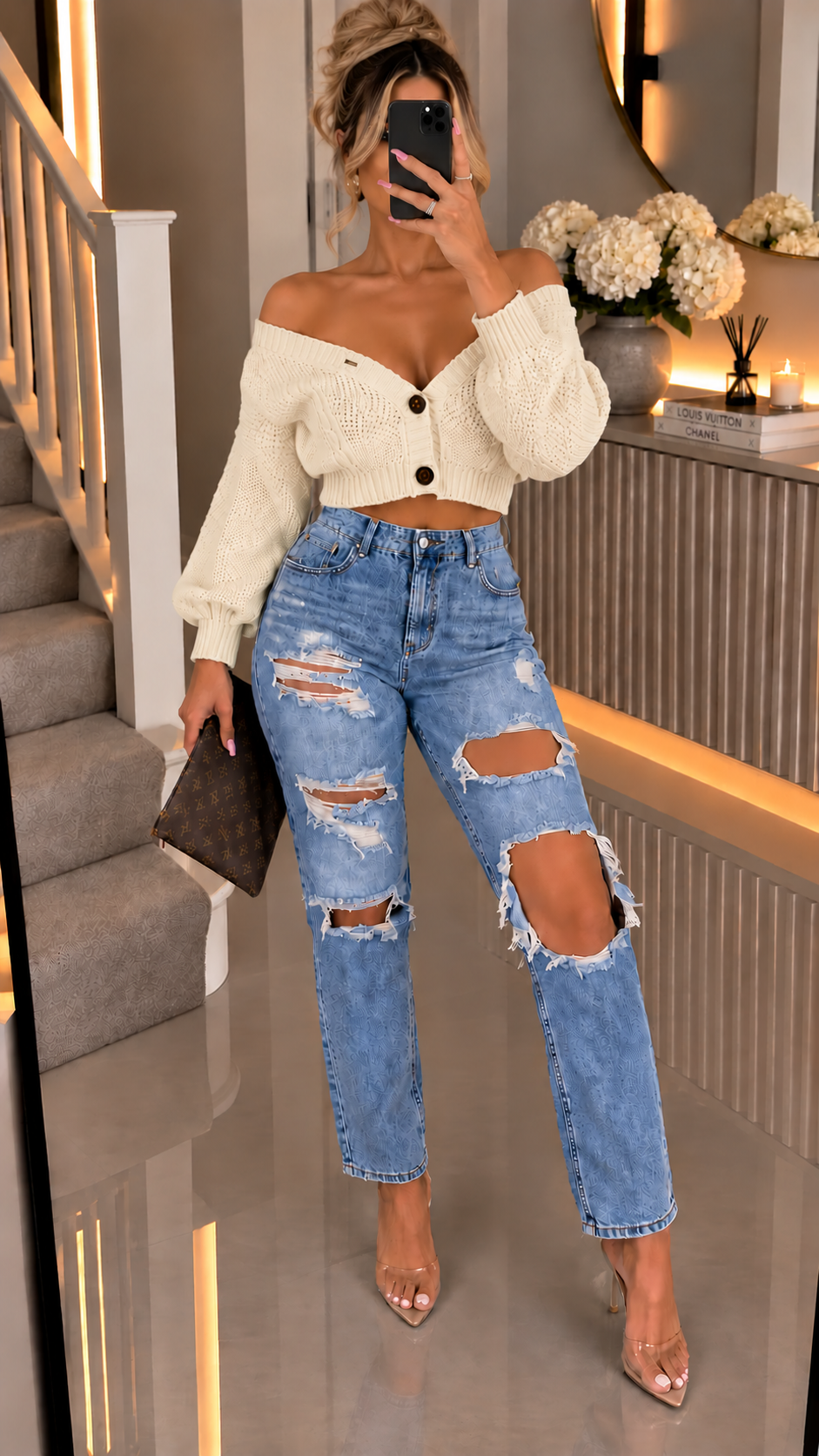 Cropped Button Knitted Cardigan with Long Sleeves