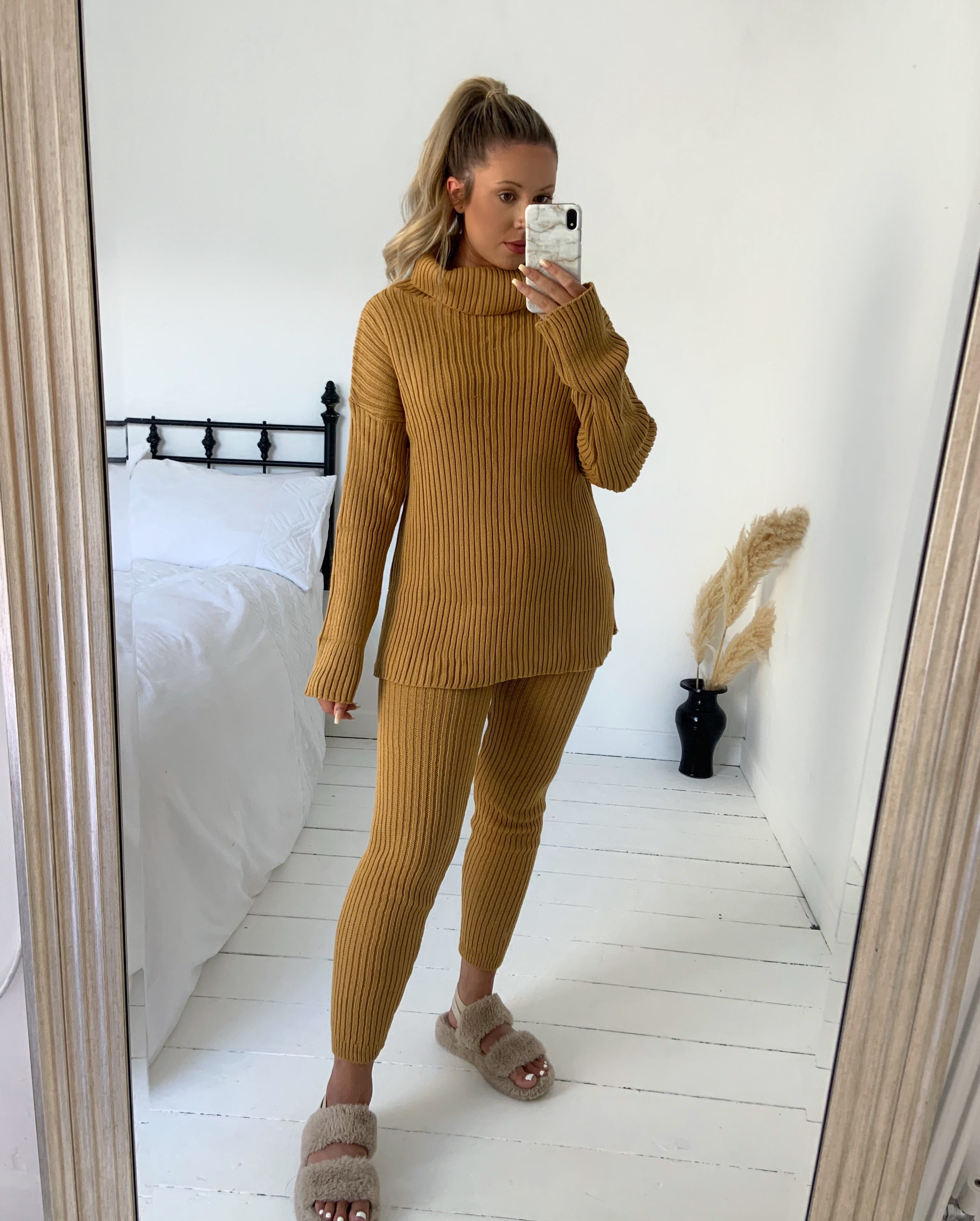 Knitted Roll Neck Ribbed Two Piece Set