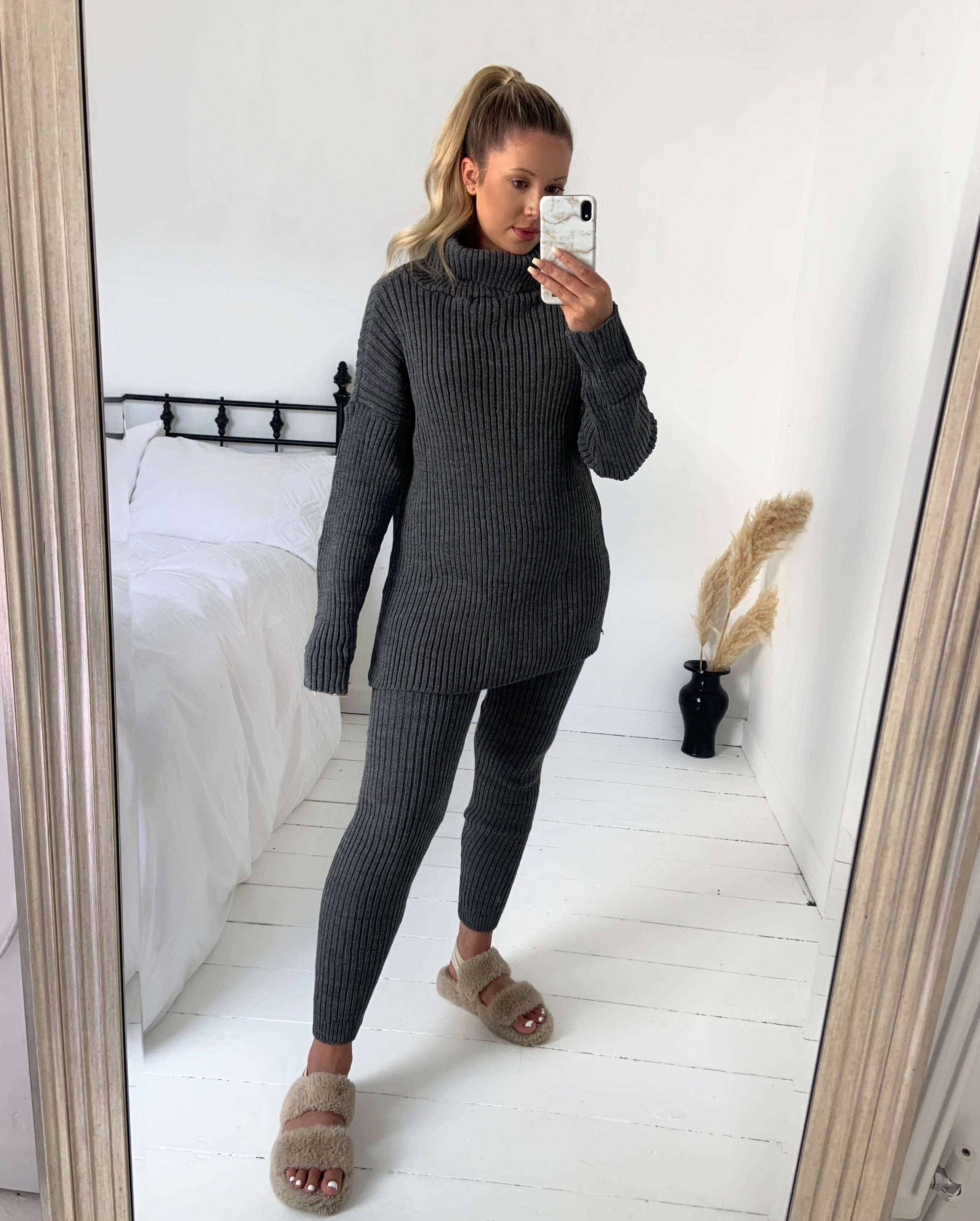 Knitted Roll Neck Ribbed Two Piece Set