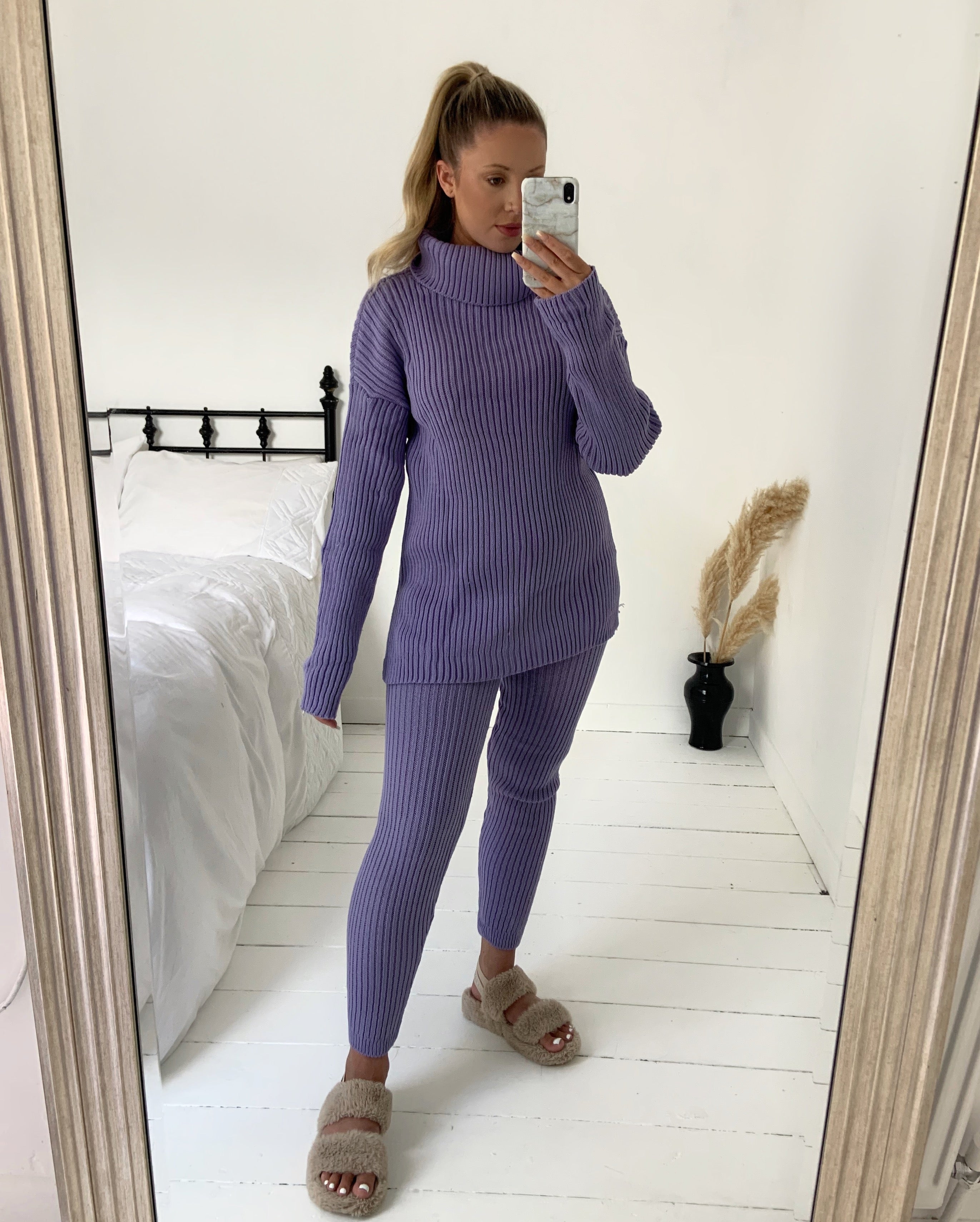 Knitted Roll Neck Ribbed Two Piece Set