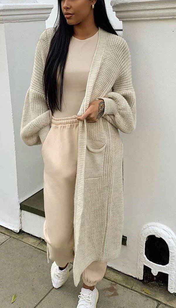 Balloon Sleeved Knitted Maxi Cardigan - omgfashion.com