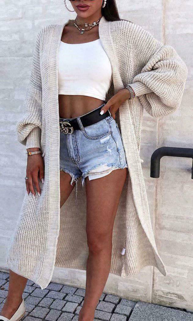 Balloon Sleeved Knitted Maxi Cardigan - omgfashion.com