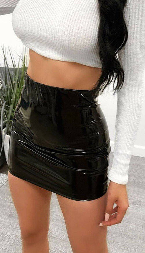 Black Vinyl Bodycon Mini Skirt - omgfashion.com