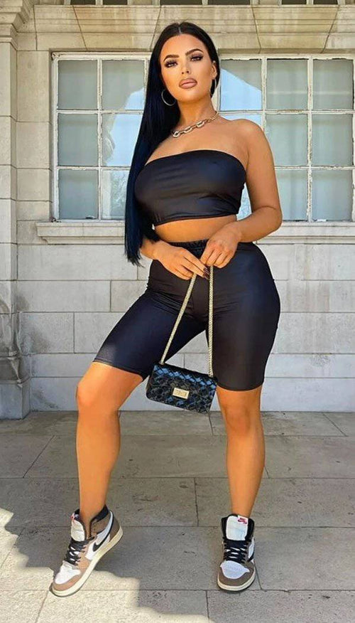 Black Wet Look Basic Cycling Shorts - omgfashion.com