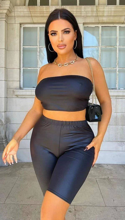 Black Wet Look Basic Cycling Shorts - omgfashion.com