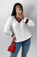 V-Neck Knitted Cricket Jumper - omgfashion.com