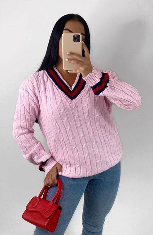 V-Neck Knitted Cricket Jumper - omgfashion.com