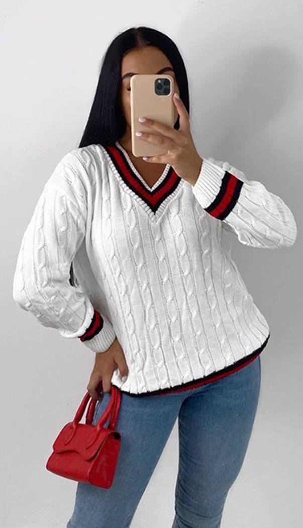 V-Neck Knitted Cricket Jumper - omgfashion.com