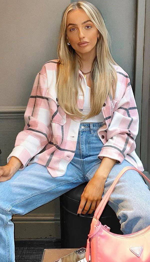 Check Button Oversized Shacket - omgfashion.com