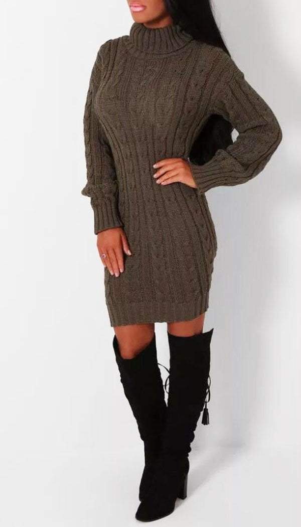 Cable Knitted Polo Neck Jumper Dress - omgfashion.com