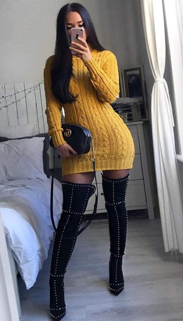 Cable Knitted Polo Neck Jumper Dress - omgfashion.com