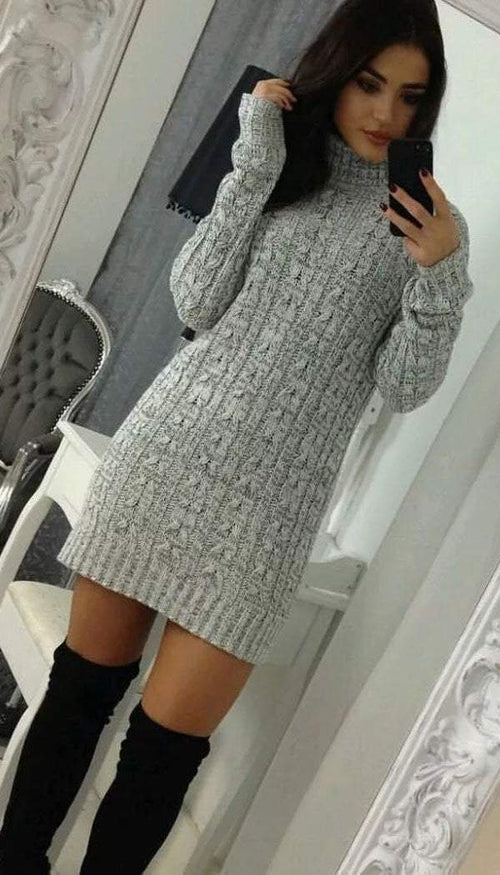 Cable Knitted Polo Neck Jumper Dress - omgfashion.com