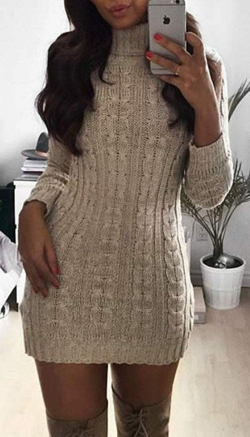 Cable Knitted Polo Neck Jumper Dress - omgfashion.com