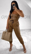 Faux Leather Look Joggers In Camel - omgfashion.com