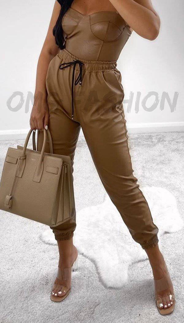 Faux Leather Look Joggers In Camel - omgfashion.com