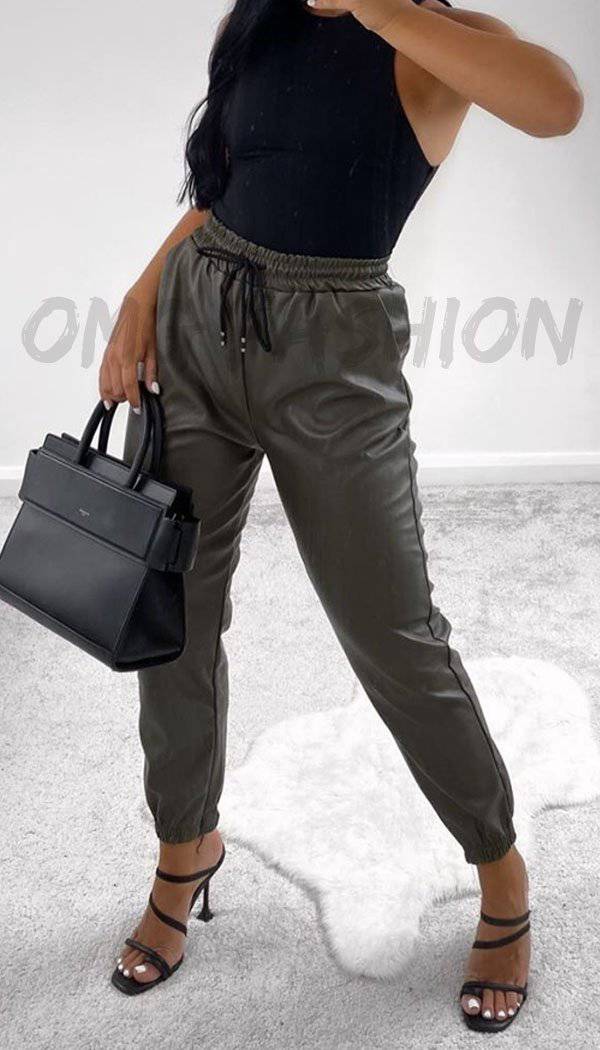Faux Leather Look Joggers In Khaki - omgfashion.com