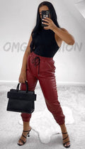 Faux Leather Look Joggers In Wine - omgfashion.com