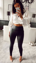 High Waisted Faux Leather Leggings In Black - omgfashion.com