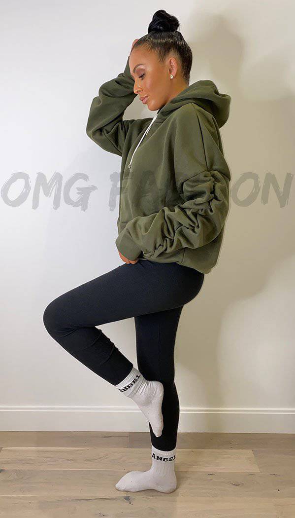 Kangaroo Pocket Ruche Sleeved Exclusive Hoodie with Drawstrings - omgfashion.com