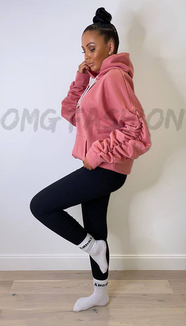 Kangaroo Pocket Ruche Sleeved Exclusive Hoodie with Drawstrings - omgfashion.com