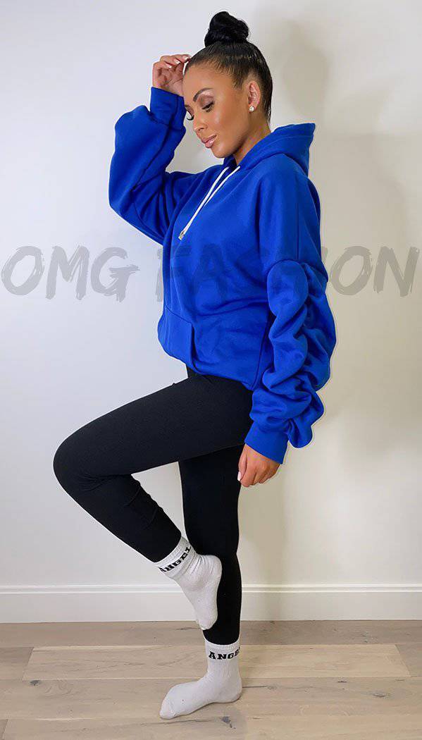 Kangaroo Pocket Ruche Sleeved Exclusive Hoodie with Drawstrings - omgfashion.com