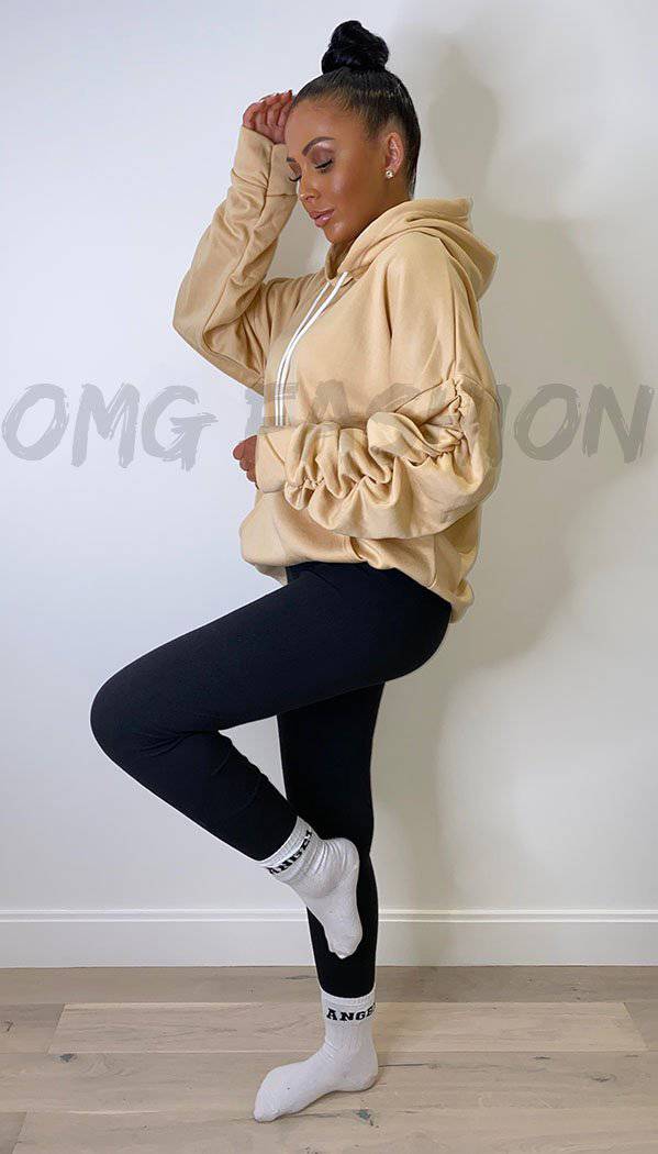Kangaroo Pocket Ruche Sleeved Exclusive Hoodie with Drawstrings - omgfashion.com