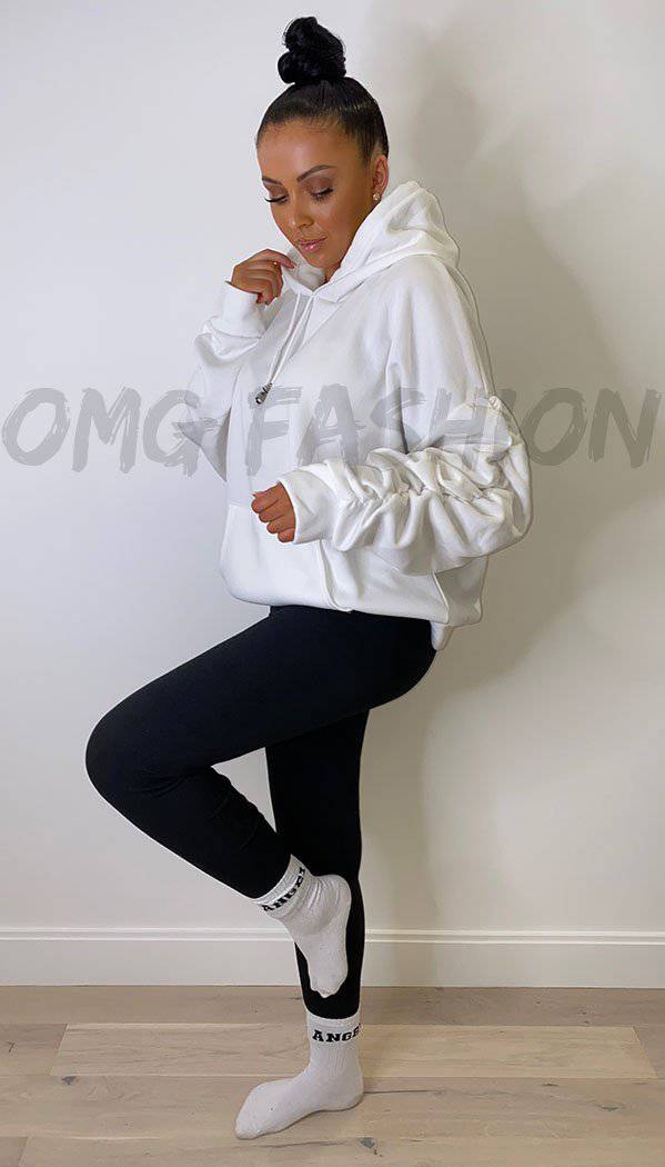 Kangaroo Pocket Ruche Sleeved Exclusive Hoodie with Drawstrings - omgfashion.com