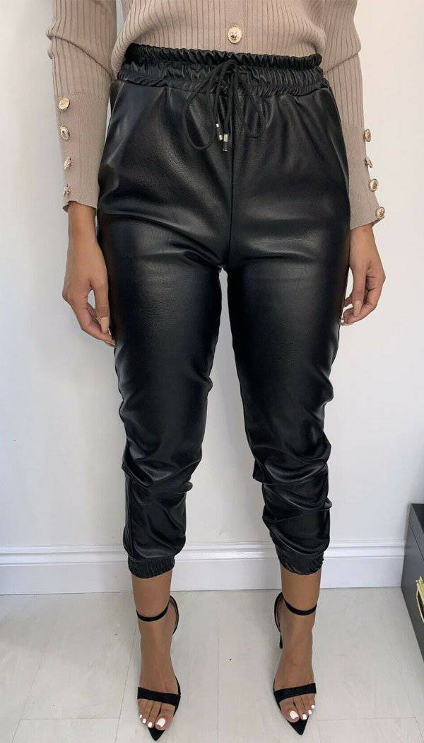 Leather Look Joggers In Black - omgfashion.com