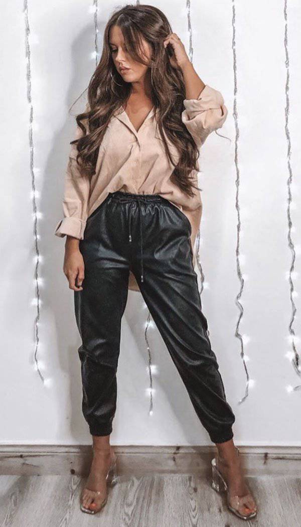 Leather Look Joggers In Black - omgfashion.com