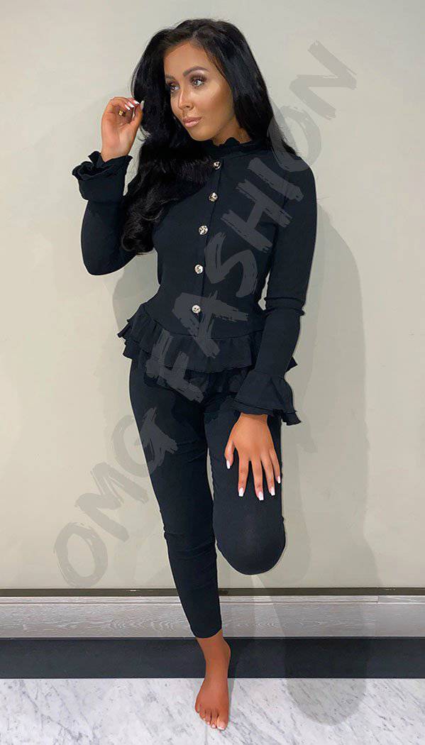 Peplum Ribbed  Button Two Piece Co-ord with Frill Sleeve and Hem - omgfashion.com