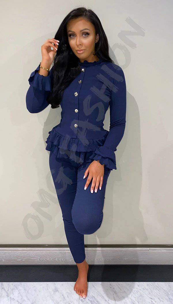 Peplum Ribbed  Button Two Piece Co-ord with Frill Sleeve and Hem - omgfashion.com