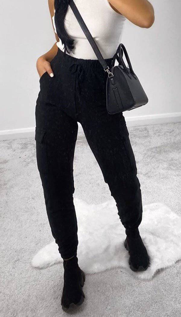 Plain Black Utility Cargo Joggers Trousers - omgfashion.com