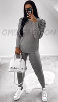 Ruched Sleeved Ribbed Lounge Wear Two Piece - omgfashion.com