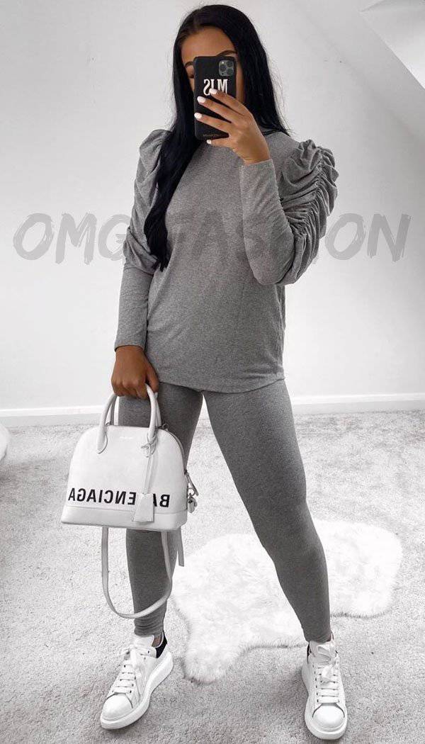Ruched Sleeved Ribbed Lounge Wear Two Piece - omgfashion.com
