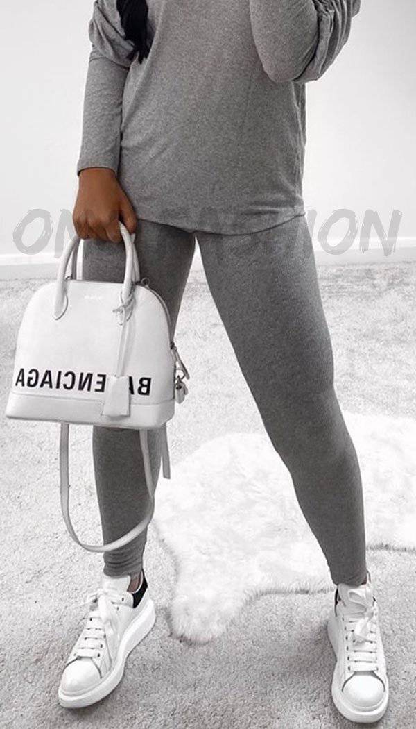 Ruched Sleeved Ribbed Lounge Wear Two Piece - omgfashion.com