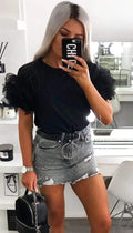 Tulle Puff Frill Sleeved T-Shirt In Black - omgfashion.com