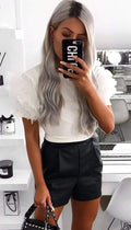 Tulle Puff Frill Sleeved T-Shirt In White - omgfashion.com