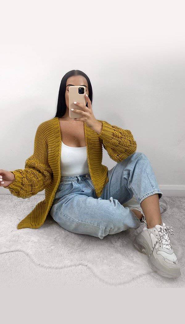 Bubble Sleeved Knitted Cardigan - omgfashion.com
