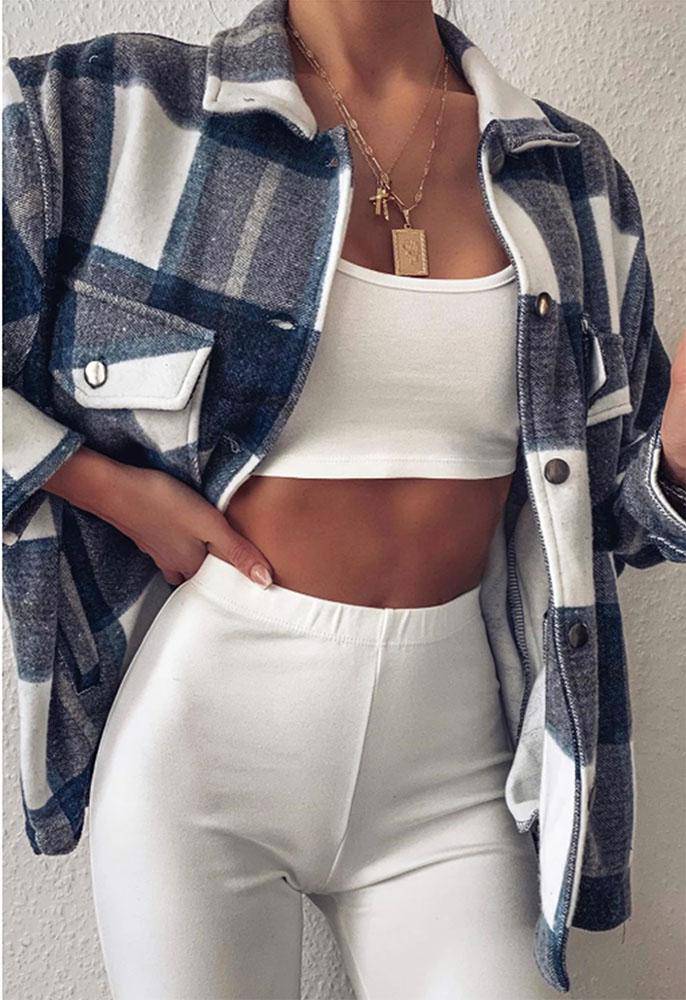 Check Button Oversized Shacket - omgfashion.com