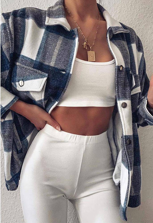 Check Button Oversized Shacket - omgfashion.com