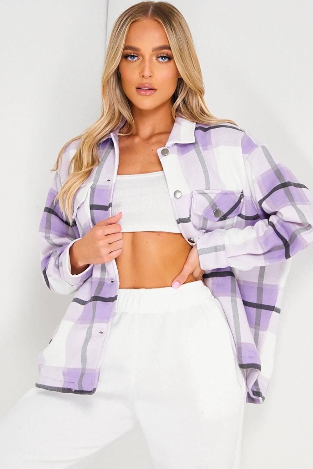 Check Button Oversized Shacket - omgfashion.com